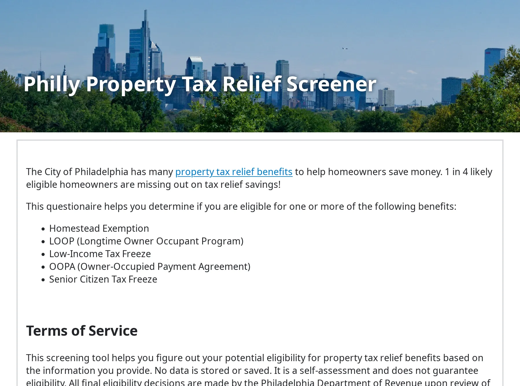 Philadelphia property tax relief screener text overlaid on a background of Philadelphia’s skyline with trees in the foreground.