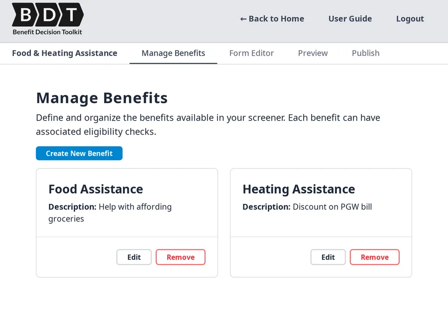 Screenshot of a benefits management interface with a button labeled create new benefit and two existing benefits named food assistance and heating assistance.