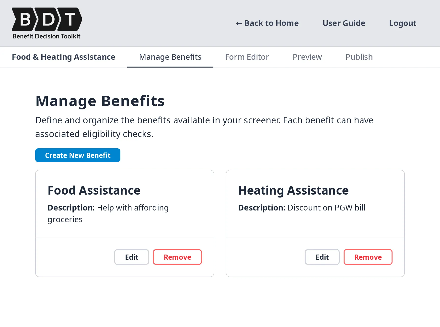 Screenshot of a benefits management interface with a button labeled create new benefit and two existing benefits named food assistance and heating assistance.